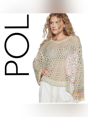 POL Open-Knit V-Neck Sweater in Sage with Pink Peace Motif and Multicolor Cuffs